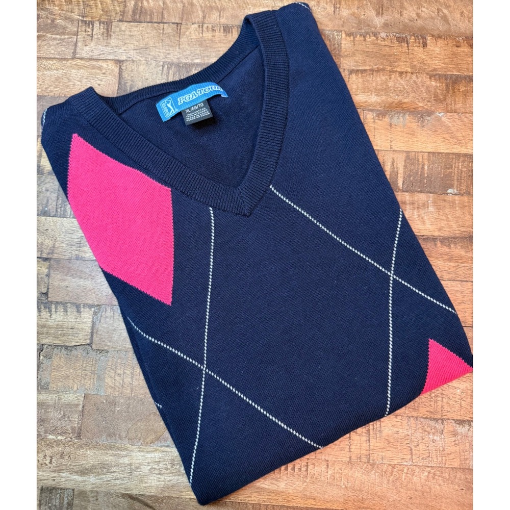 PGA Tour Mens XL Argyle Sweater Vest Navy Blue Pink V-Neck 100% Cotton Golf Knit